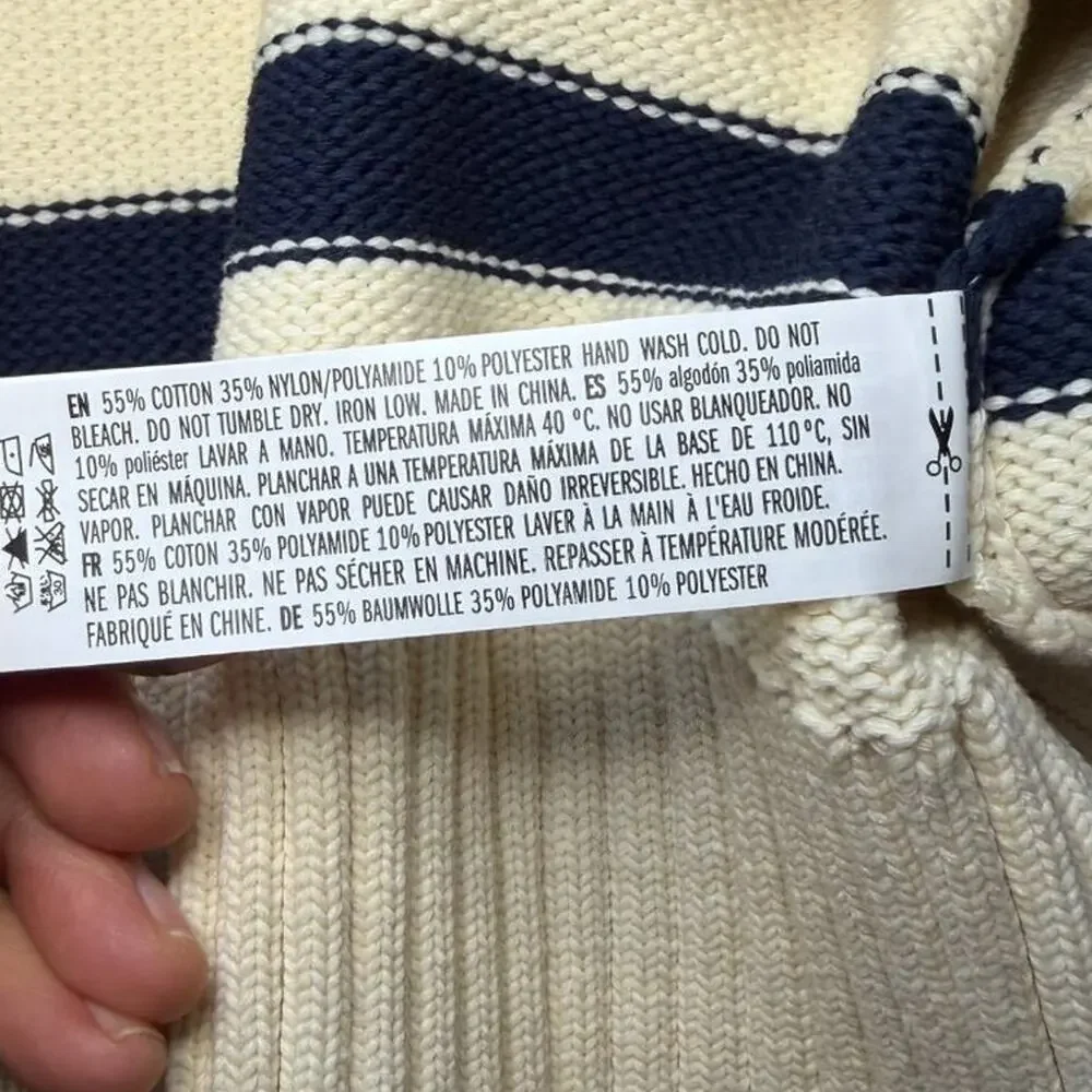 English Factory Striped Sweater Large Navy Cream V Neck Coastal Preppy NWT